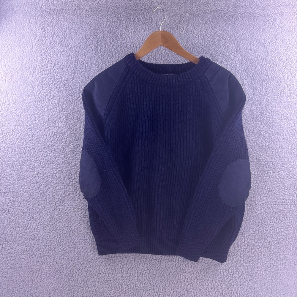 WoolOvers Mens Navy Blue 100% British Wool Ribbed Sweater Elbow Patches Large